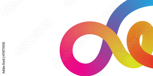 A dynamic abstract design featuring a smooth gradient line with vibrant colors, flowing curves, on a clean white background.