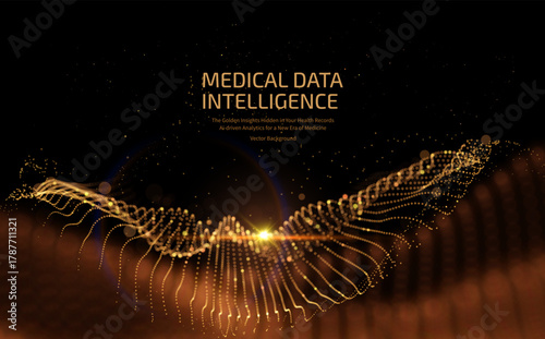 Futuristic medical intelligence background with glowing gold data particles. Concept for AI in healthcare, diagnostic data analysis, and pharmaceutical research. Usable for corporate presentations 
