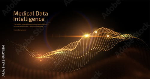 Futuristic medical intelligence background with glowing gold data particles. Concept for AI in healthcare, diagnostic data analysis, and pharmaceutical research. Usable for corporate presentations 
