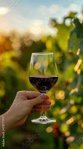 Hand holding glass of red wine amidst sunlit vineyard vines at golden hour, serene atmosphere. Vertical video.