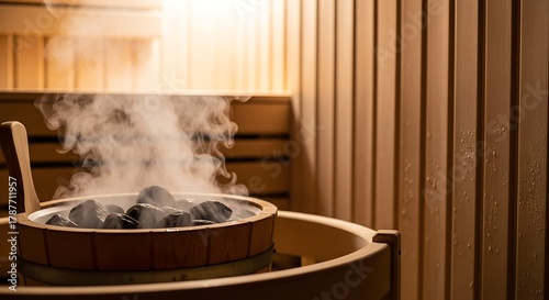 Close-up of steaming sauna stones in a wooden bucket.