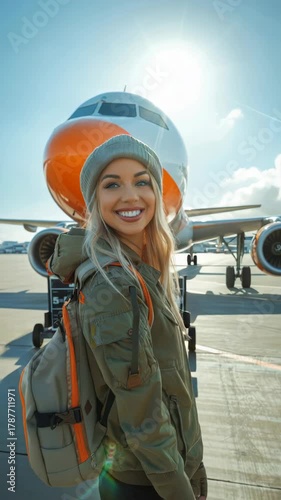 Woman with backpack smiling on airport tarmac near airplane wing and engine under bright sun. Vertical video.