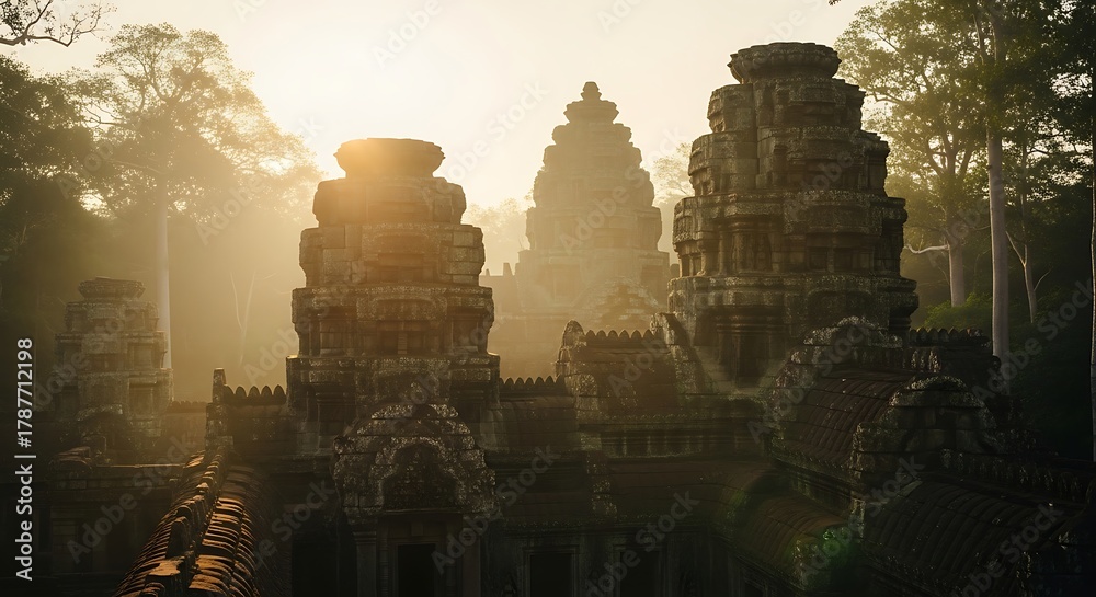 Obraz premium Ancient Angkor Thom temple towers at sunrise, Siem Reap, Cambodia.