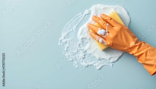Hand in orange glove scrubbing with sponge and foam on blue surface cleaning rubber