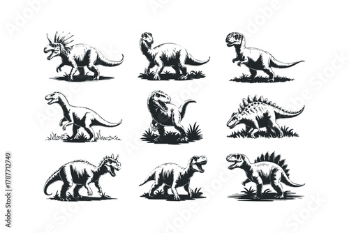 Group of nine prehistoric dinosaur species with grass ground