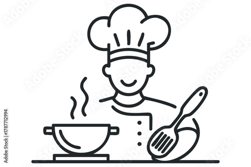 Chef preparing food in a kitchen with steam and utensil