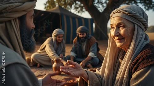 Old testament scene with woman and men sitting on ground, eating meal outdoors. Abraham and Sarah hospitality concept.