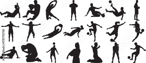 Hand made Set of soccer player silhouettes vector illustrations of diverse football actions By Adobe Illustrator