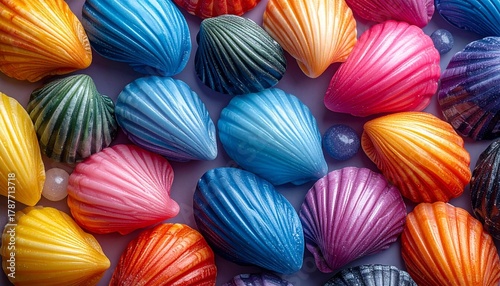 Collection of vividly painted scallop-shaped seashells arranged in symmetrical rows on a dark blue surface. Featuring bright hues of pink, orange, blue, purple, and green, with a multicolored radial s