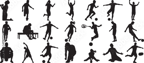 Hand made Silhouette vector set of people in various sports activities including soccer tennis and weightlifting for athletic and fitness design
