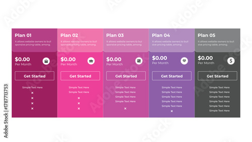 Five Website Pricing Plans in Pink, Purple, and Gray Colors with Get Started Buttons