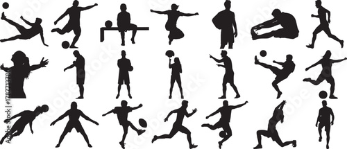 Hand made Set of sport silhouettes including soccer running and stretching vector illustration for athletic and fitness designs By Adobe Illustr