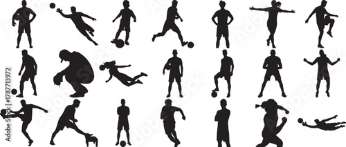 Hand made Set of soccer player silhouettes vector illustrations of athletes in various poses perfect for sports-themed designs and infographics 