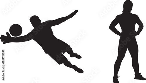 Hand made Silhouette of a goalkeeper diving to catch a soccer ball with a female athlete standing vector illustration for sports and fitness con
