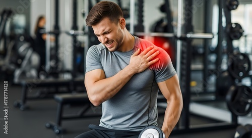 young man exercising with dumbbells in the gym room whit muscle pain muscle soreness.