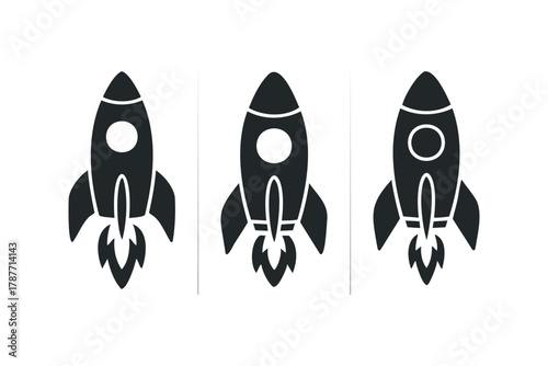 Three stylized rockets ascending with exhaust trails