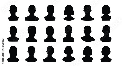 Vector art of silhouette head icons, representing diversity, anonymity, and the collective human experience, a symbol of identity and community