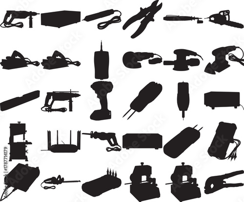 Hand made Silhouette collection of power tools vector illustration of various electric tools By Adobe Illustrator