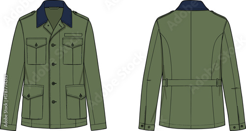 Flat sketch of military-style jacket front and back view with pockets, epaulets, collar detail, vector fashion illustration for stock