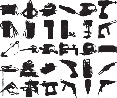 Hand made Collection of power tool silhouettes various electric tools for construction and home improvement By Adobe Illustrator