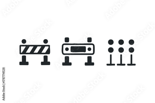 Traffic barrier and warning icons set on white background