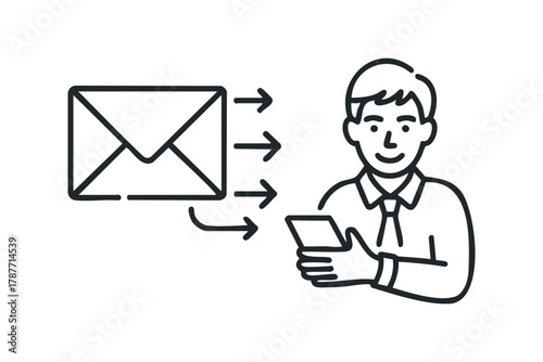 Person holding phone sending email messages with arrows