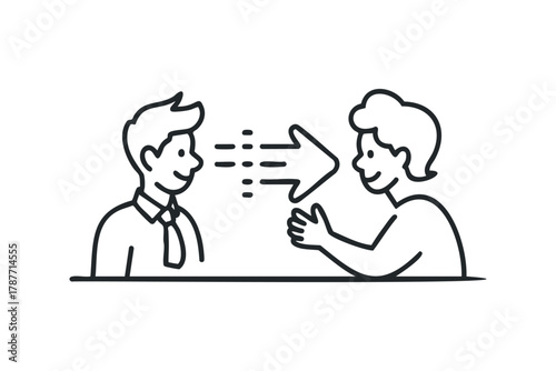Two people conversing with arrow and dashes representing communication