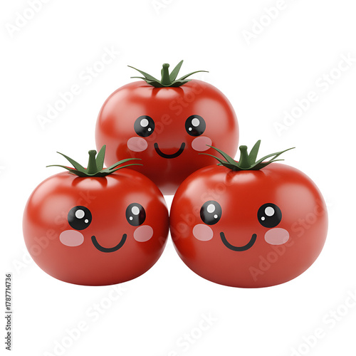 Three adorable cartoon tomatoes with cheerful faces against a black background
