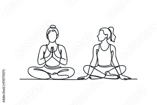 Two women performing yoga poses on white background