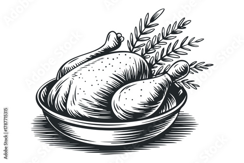 Whole Roasted Chicken with Herb Garnish in Serving Dish