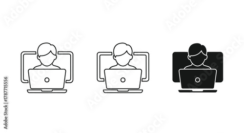 Vector art of set of computer user icons man working on laptop, symbolizing remote work, online education, and digital communication
