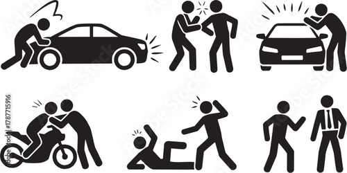 Accident and injury icons set. Car crash, damage, safety, road, warning, danger, emergency, insurance, help, transportation, rescue, protection, accident, medical, hospital, support, repair, preventio
