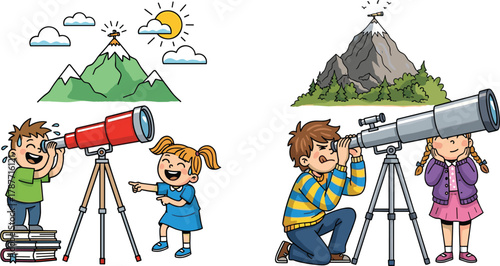 Children using telescopes to observe mountains and sky, learning science and astronomy, outdoor education, curiosity, exploration, fun cartoon illustration