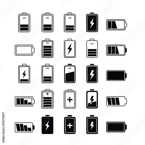 Vector art of set of battery charge level icons, depicting various states of power
