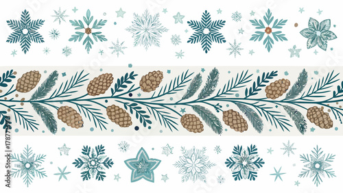 Wintery scene featuring snowflakes stars pinecones and evergreen branches in a decorative arrangement silhouette