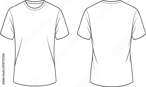 Flat sketch of plain white short sleeve t-shirt front and back view with crew neckline, minimal design, vector fashion illustration