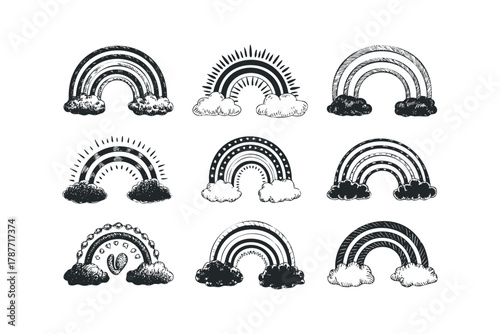 Collection of Hand Drawn Rainbows with Clouds