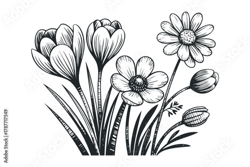 Floral bouquet with wildflowers and leaves sketched in ink