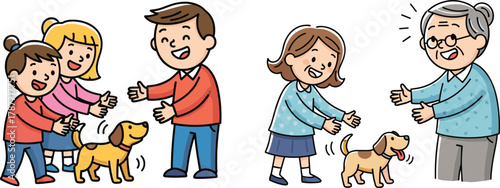 Happy family with kids and grandmother playing with cute dog, cartoon illustration showing love, bonding, and cheerful pet interaction