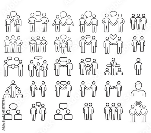 Collection of simple outline figures representing people and interactions