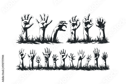 Multiple hands emerging from grass in silhouette