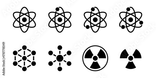 Simple Black Molecule or Atom with Electrons in Orbit and Atomic Nuclear Energy Power Nuclear Hazard Ionizing Radiation Danger Trefoil Warning Sign Icon Symbol Set. Vector Image.