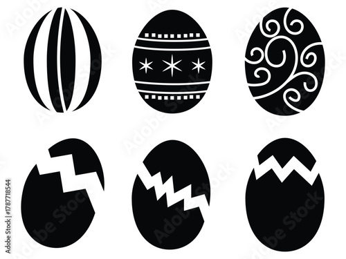 Easter eggs icon vector. Broken Easter, decorated ester eggs icon vector set. Spring Easter black and white egg elements. Egg shell icon set. Cracked egg vector illustration.