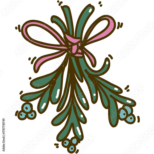 Mistletoe hanging from the top sticker. Retro color cartoony Christmas illustration on transparent background.