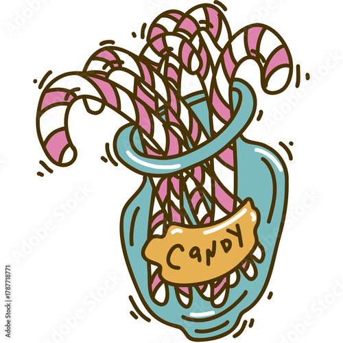 Christmas cartoon illustration of a jar with candy canes on transparent background. Holiday sticker in 70-s retro color palette. 