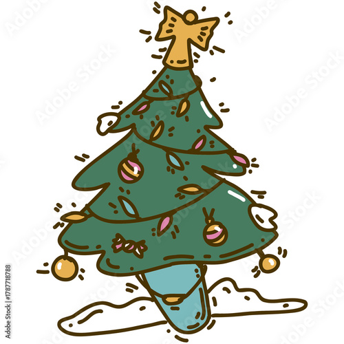 Christmas tree in a bucket with snow and light bulbs and angel on top. Cartoon funny stile sticker in retro 70-s color palette. 
