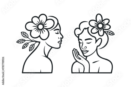 Outline portraits of two women with flowers in hair