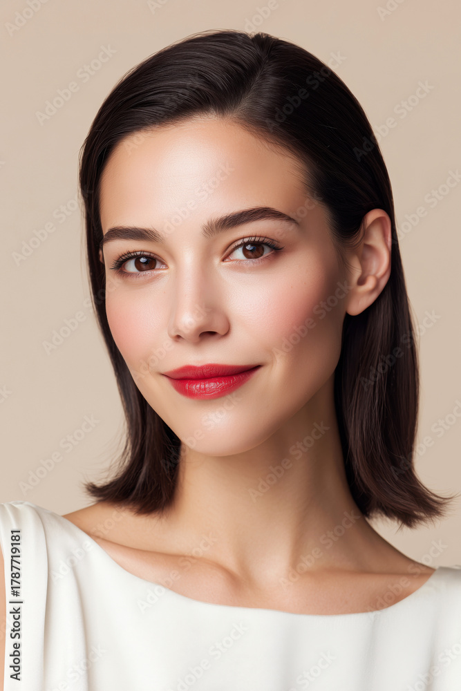 Fototapeta premium A young brunette Asian woman with smooth skin, brown eyes, and red lipstick, wearing a white top against a neutral background