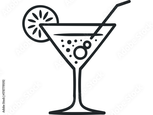 Line art of a cocktail with citrus slice and straw