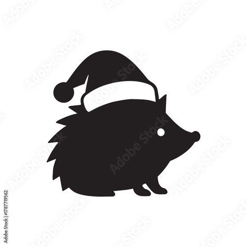 Black hedgehog silhouette with a festive Santa hat, a cute Christmas animal icon. Ideal for holiday designs, seasonal greeting cards, decorations, and graphic projects